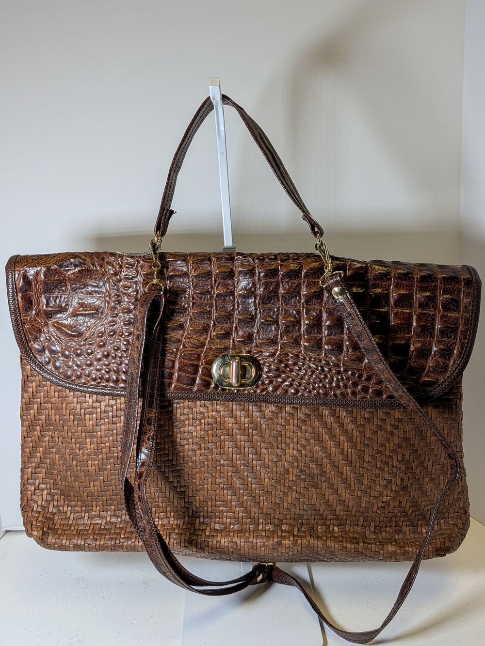 Brown Woven Satchel with Croc-Embossed Flap